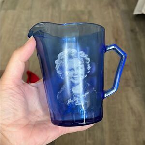 Vintage Blue Glass Pitcher with Portrait Shirley Temple